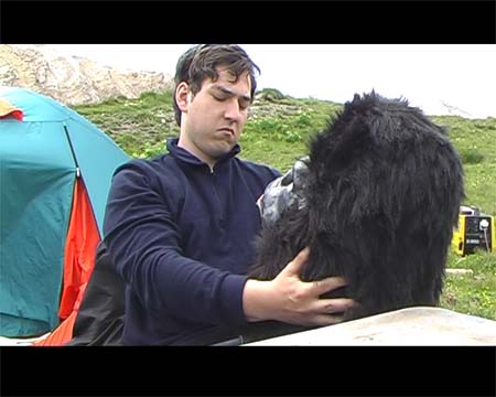 junger Mann sitzt vor einem Zelt, mit dem Kopf eines Gorilla-Kostms in den Hnden ©gut durchdachte Produktionen
